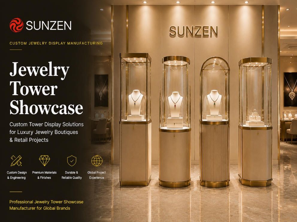Luxury custom jewelry tower showcase manufactured by SUNZEN for premium jewelry boutiques and focal displays